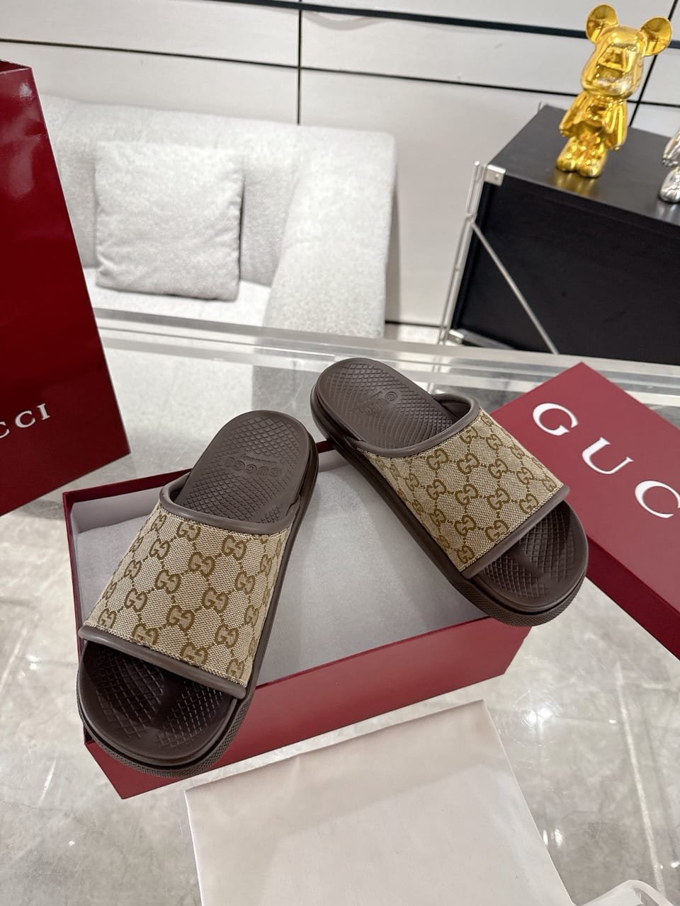 Gucci Lido Summer Couple Slide Sandals Black Rubber with Web Design - Image 5