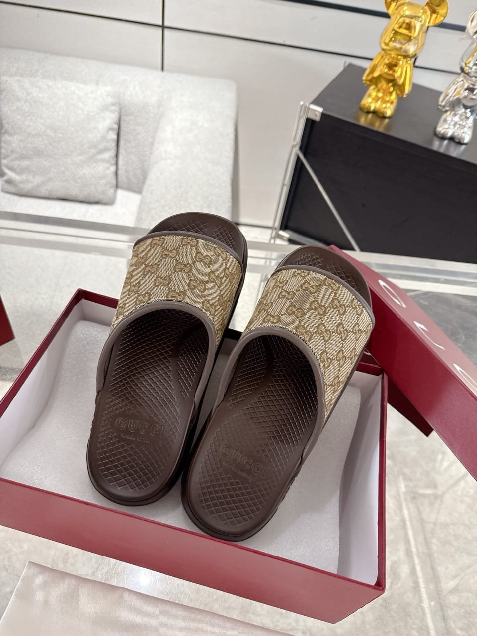 Gucci Lido Summer Couple Slide Sandals Black Rubber with Web Design - Image 6