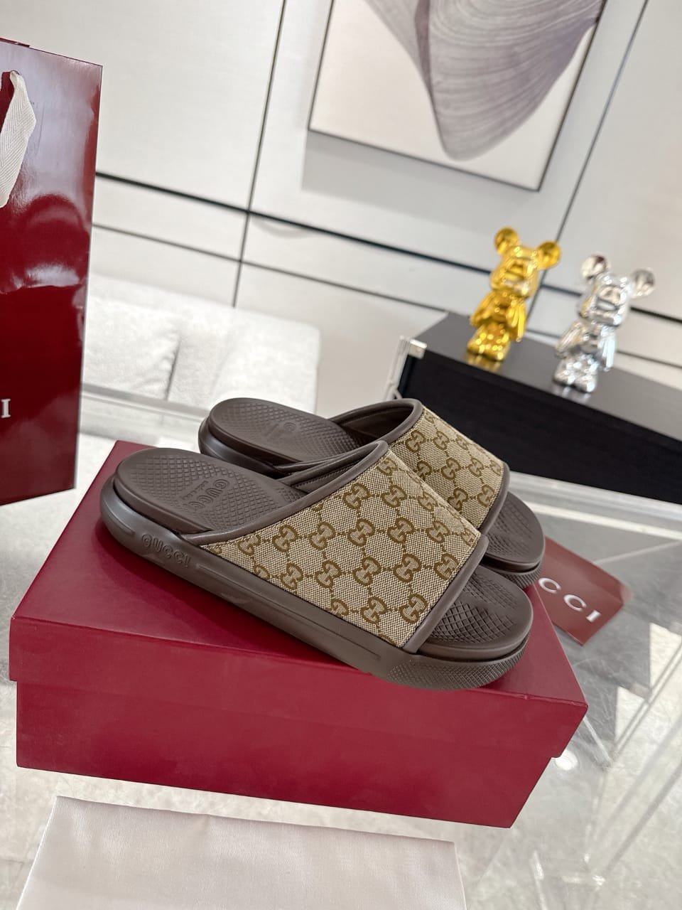 Gucci Lido Summer Couple Slide Sandals Black Rubber with Web Design