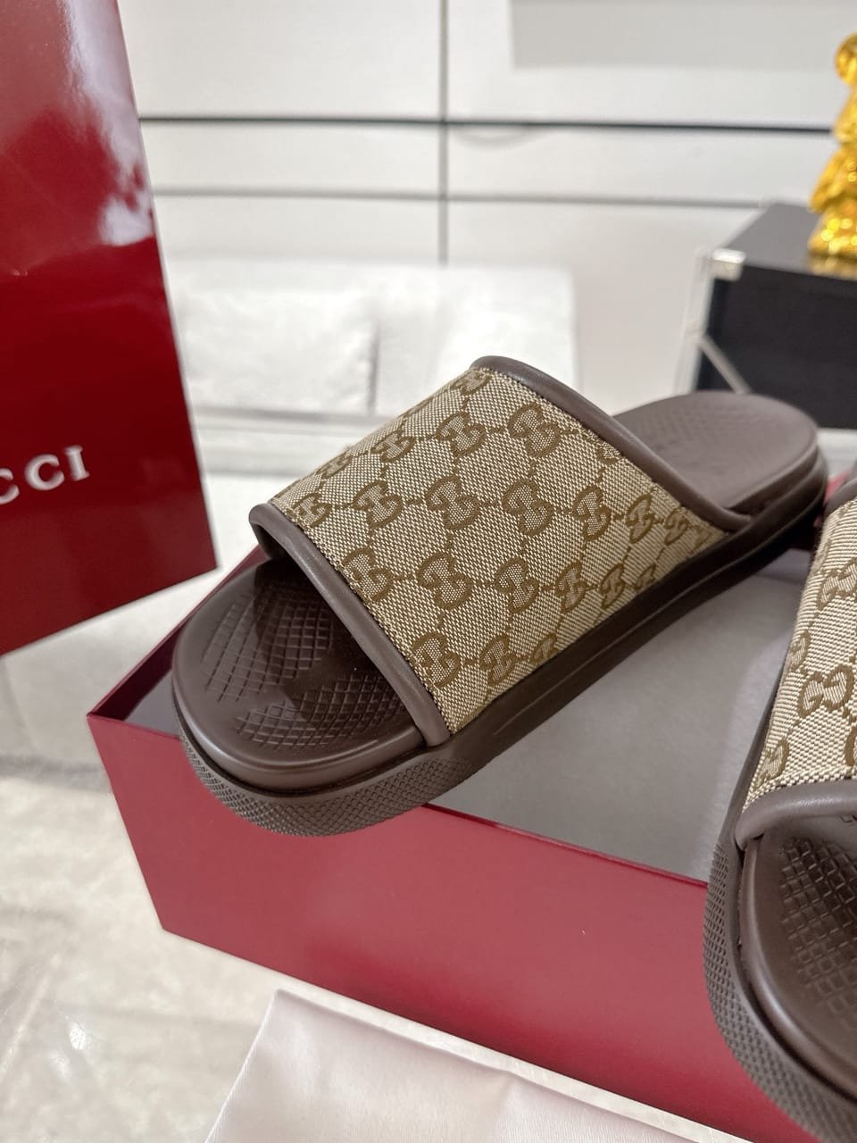 Gucci Lido Summer Couple Slide Sandals Black Rubber with Web Design - Image 4