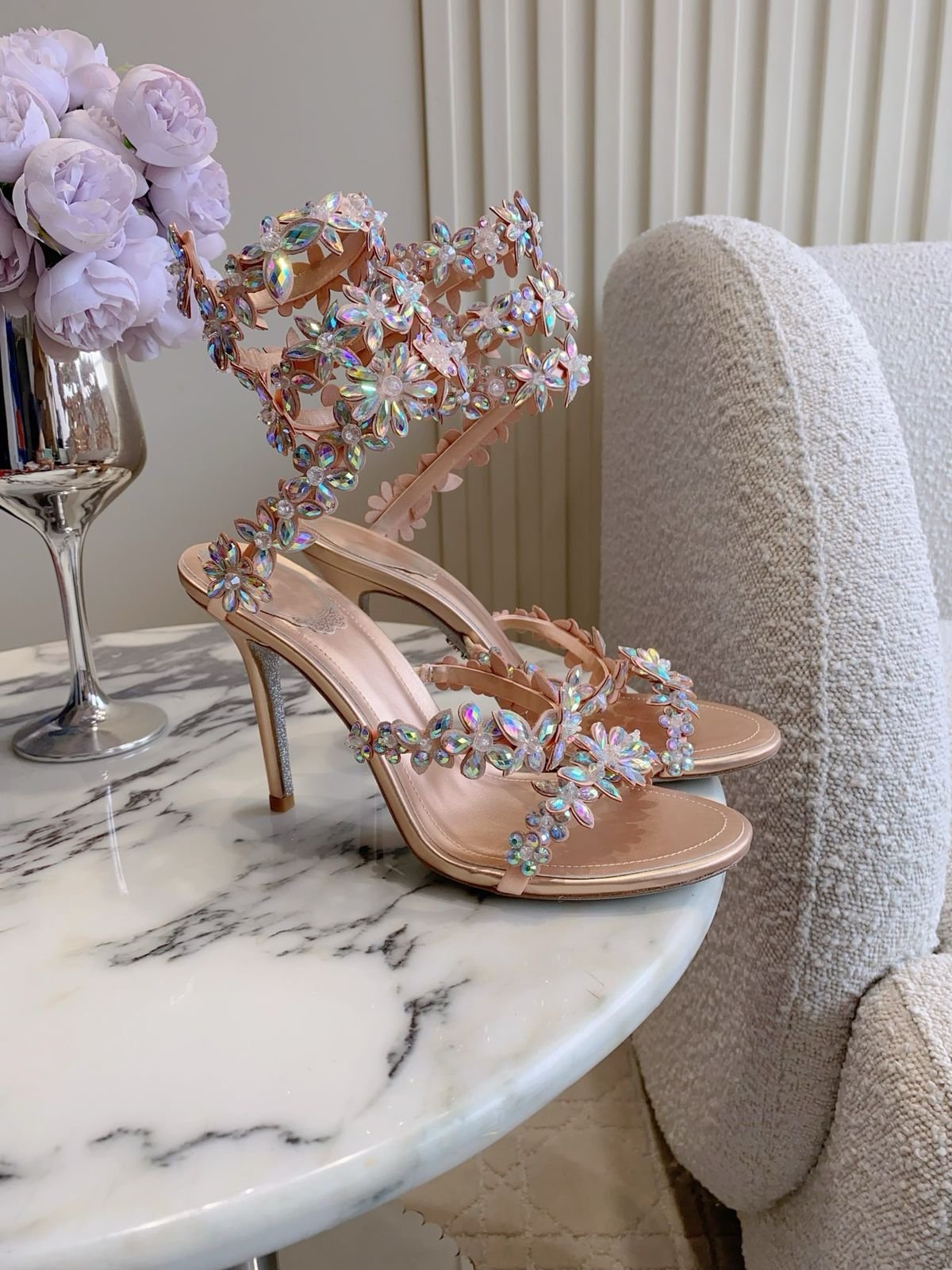 Eva Floral Crystal Embellished High Heel Sandals – Luxury Bridal Rhinestone Spiral Ankle Strap Heels