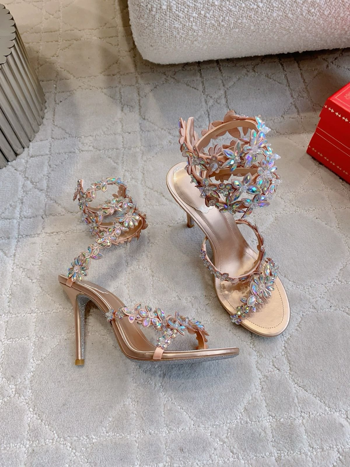 Eva Floral Crystal Embellished High Heel Sandals – Luxury Bridal Rhinestone Spiral Ankle Strap Heels - Image 10